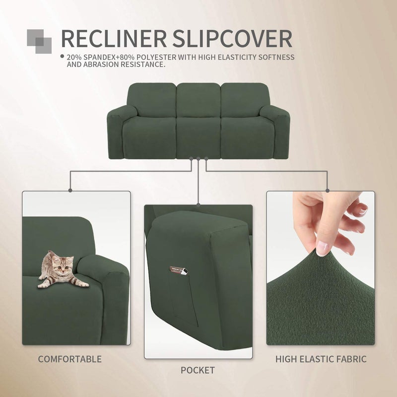 Easy-Going 8 Pieces Microfiber Stretch Sectional Recliner Sofa Slipcover Soft Fitted Fleece 3 Seats Couch Cover Washable Furniture Protector with Elasticity for Kids Pet(Recliner Sofa, Greyish Green) - Image 3